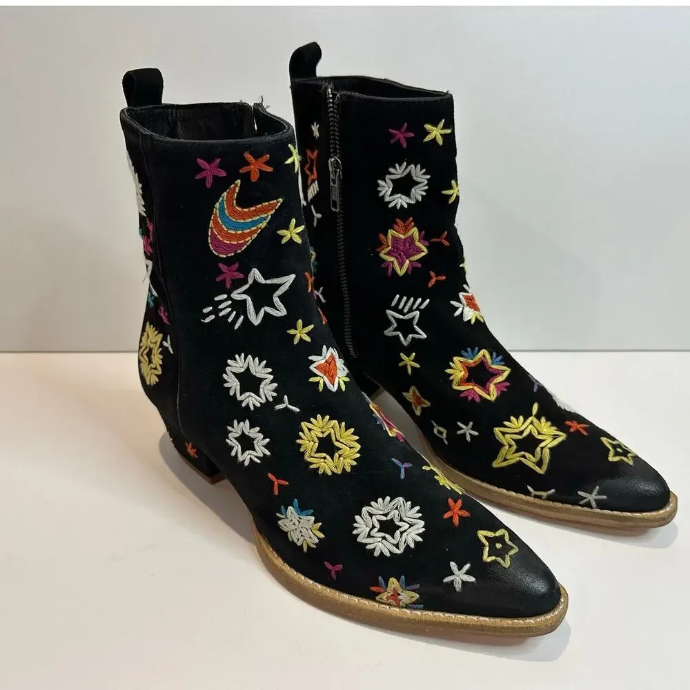 Free People Bowers Embroidered Western Ankle Boots Women’s EU 39 Black NWOB